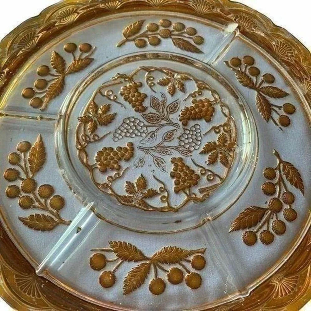 Antique 1930s (?) Holiday Sectioned Serving‎ Platter Etched Grapes Painted Glass